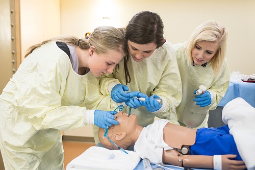 three dental hygienist students practice dental care on a mannequin