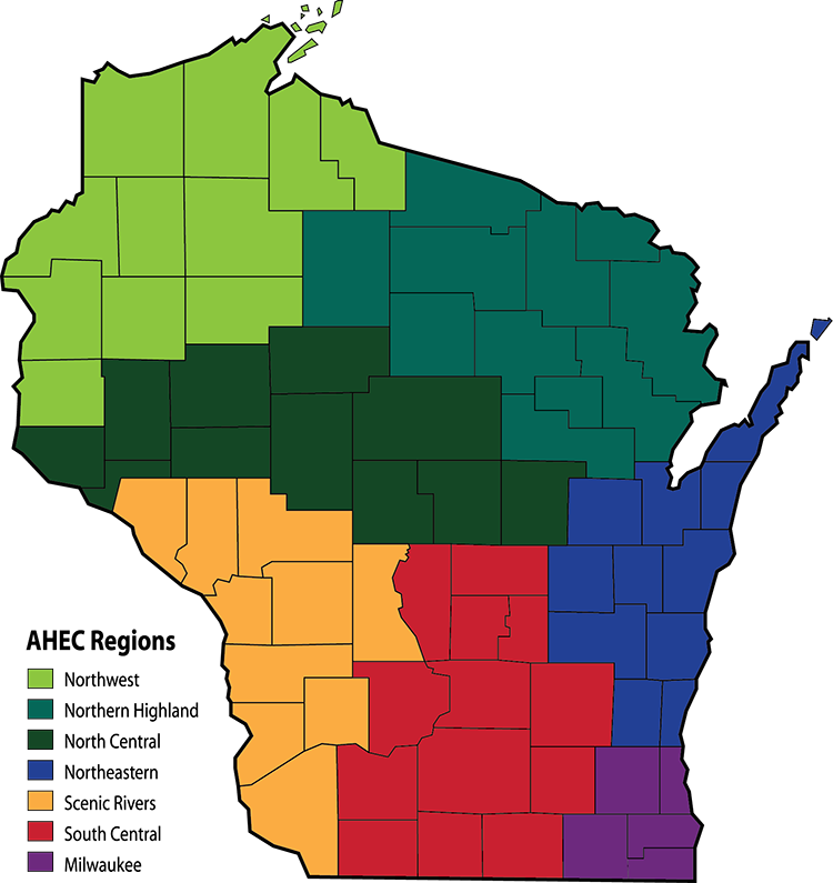 A map of Wisconsin with AHEC regions represented as follows: 

Light green: Northwest
Medium Green: Northern Highland
Dark Green: North Central
Blue: Northeastern
Yellow: Scenic Rivers
Red: South Central
Purple: Milwaukee
