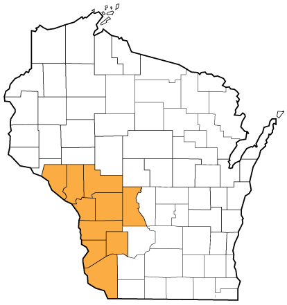 A counties map of Wisconsin with the Scenic Rivers AHEC region in yellow: Buffalo, Crawford, Grant, Jackson, Juneau, La Crosse, Monroe, Richland, Trempealeau and Vernon Counties and The Ho-Chunk Tribal Nation