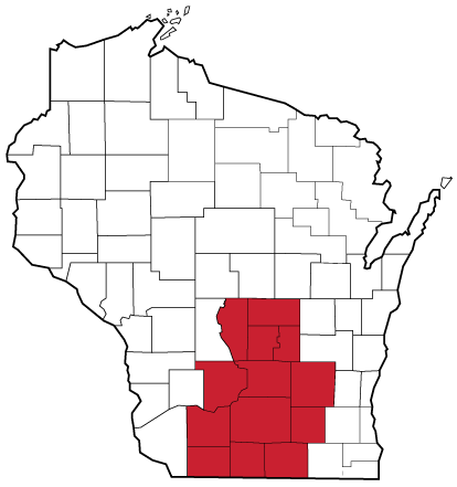 A Wisconsin counties map with the South Central AHEC region in red: Adams, Columbia, Dane, Dodge, Green, Green Lake, Iowa, Jefferson, Lafayette, Marquette, Rock, Sauk and Waushara Counties