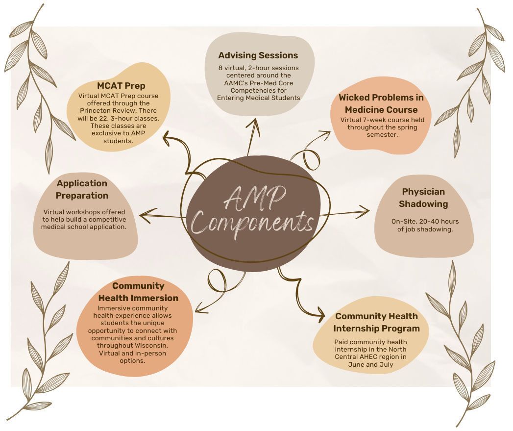 AMP Components graphic
MCAT Prep
Advising Sessions
Wicked Problems in Medicine Course
Physician Shadowing
Community Health Internship Program
Community Health Immersion
Application Preparation