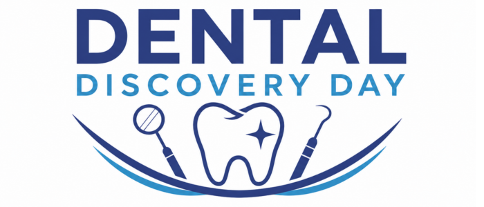 Dental Discovery logo in dark and light blue with a gleaming tooth in the center and dental tools on either side