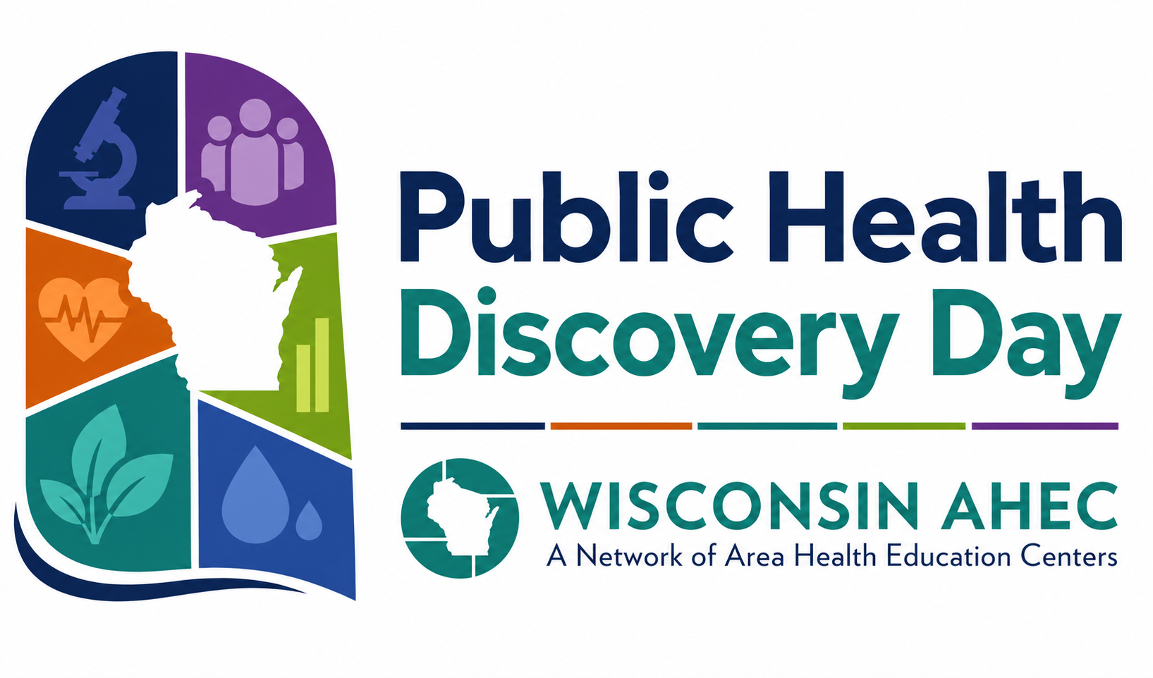 Wisconsin AHEC Public Health Discovery Day logo with health-related icons in different colors surrounding a silhouette of the state of Wisconsin